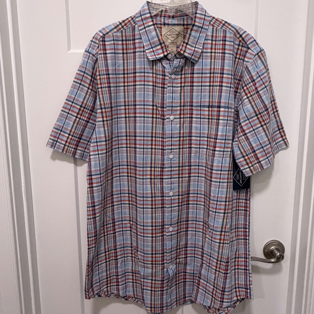 St Johns Bay Mens XLT Blue Plaid Short Sleeve Button Down Shirt Classic Fit NWT